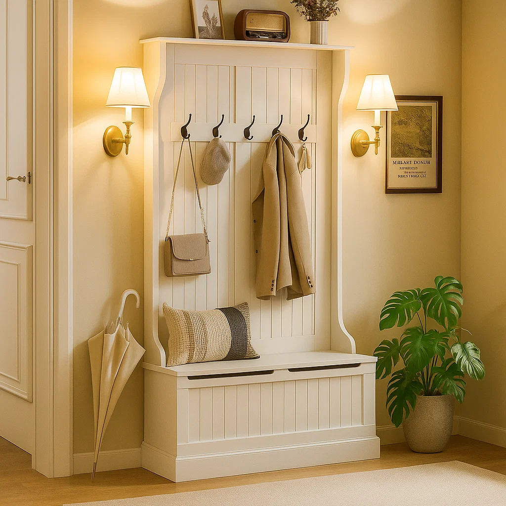 White hall tree with coat, bag, umbrella, pillows, and wall sconces lighting.