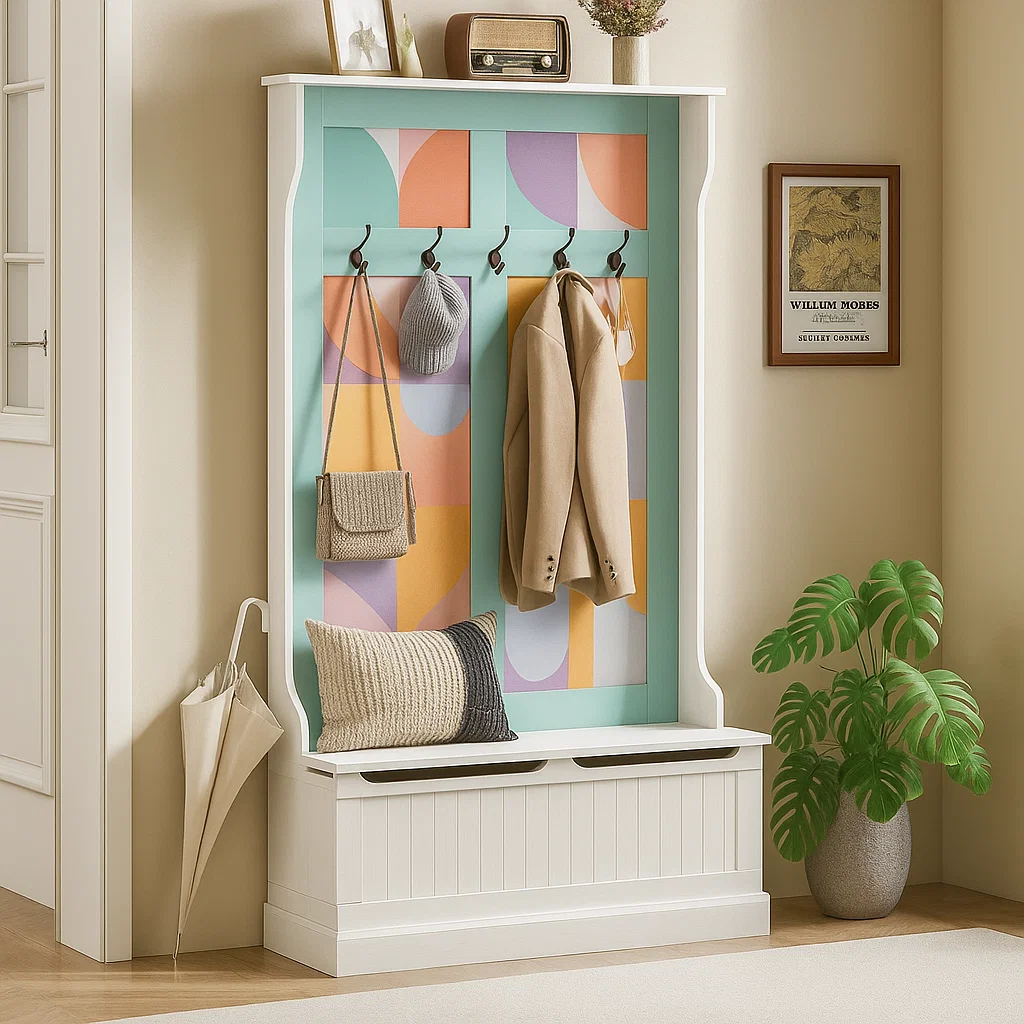 White hall tree with colourful geometric backdrop, coat, hat, bag, and cushion.