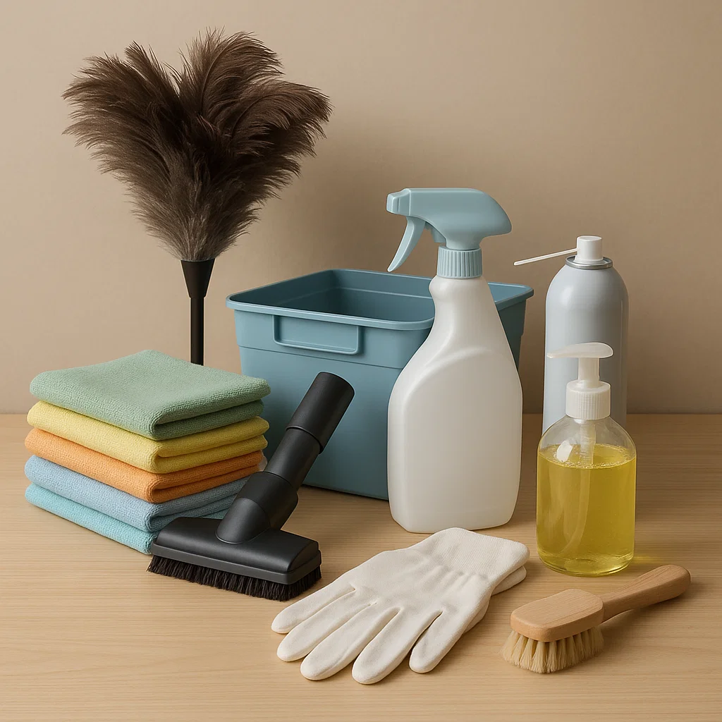 Cleaning supplies including microfibre cloths, duster, gloves, spray bottles, and brush on table.