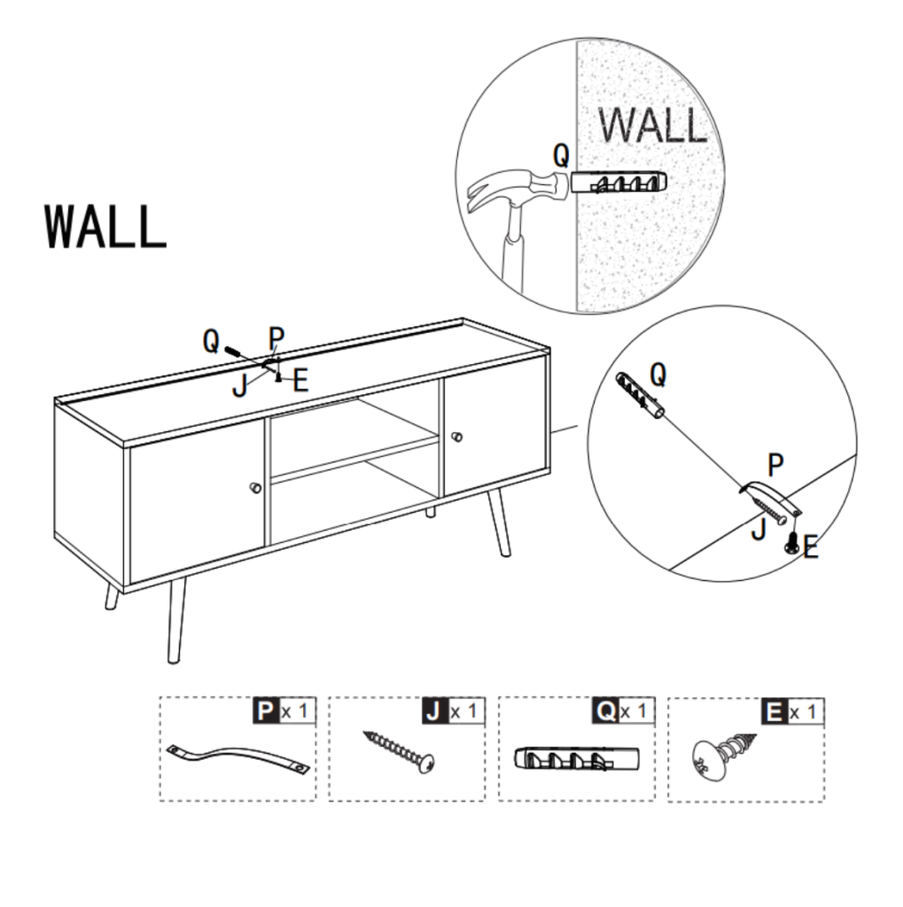 Assembly guide showing how to anchor cabinet securely to wall.