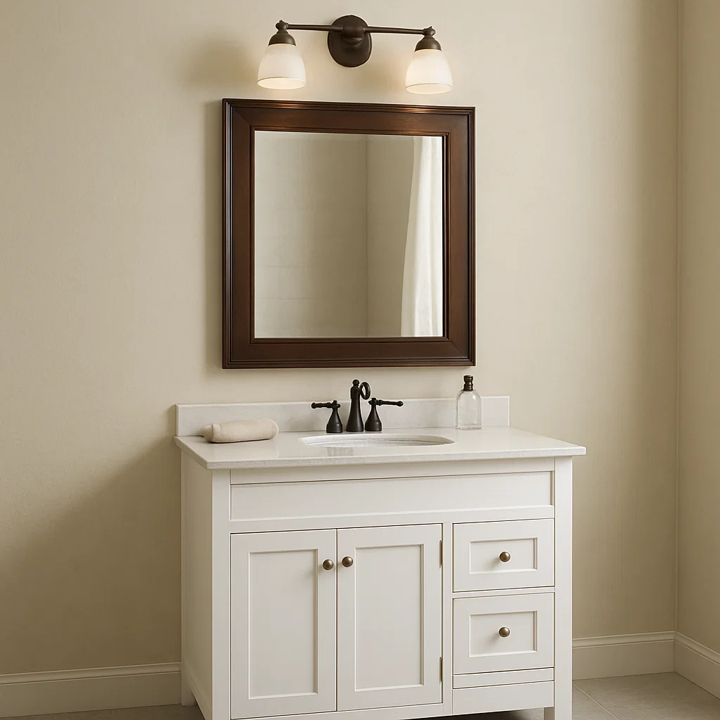 Square wooden frame bathroom mirror with dual light fixtures above white vanity.