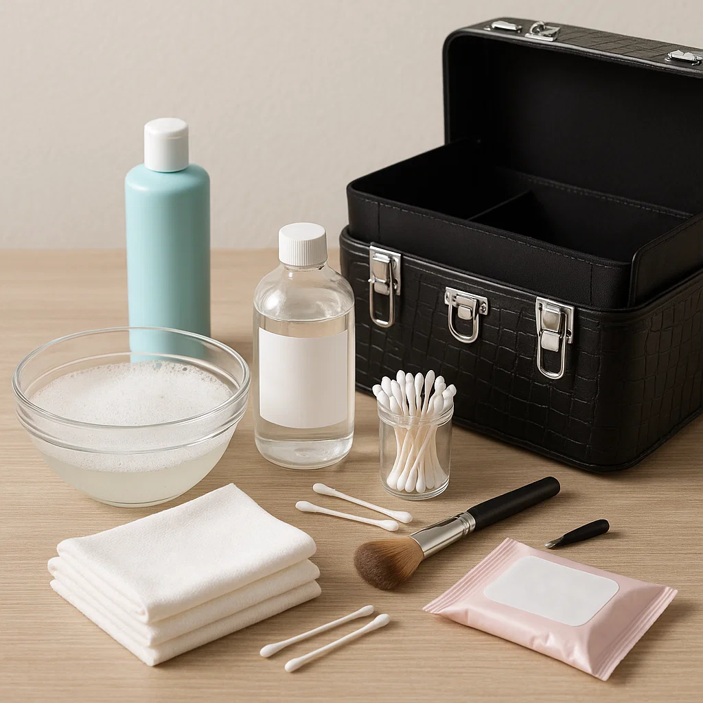 Cleaning supplies with soap, cotton swabs, wipes, and brushes next to makeup train case.