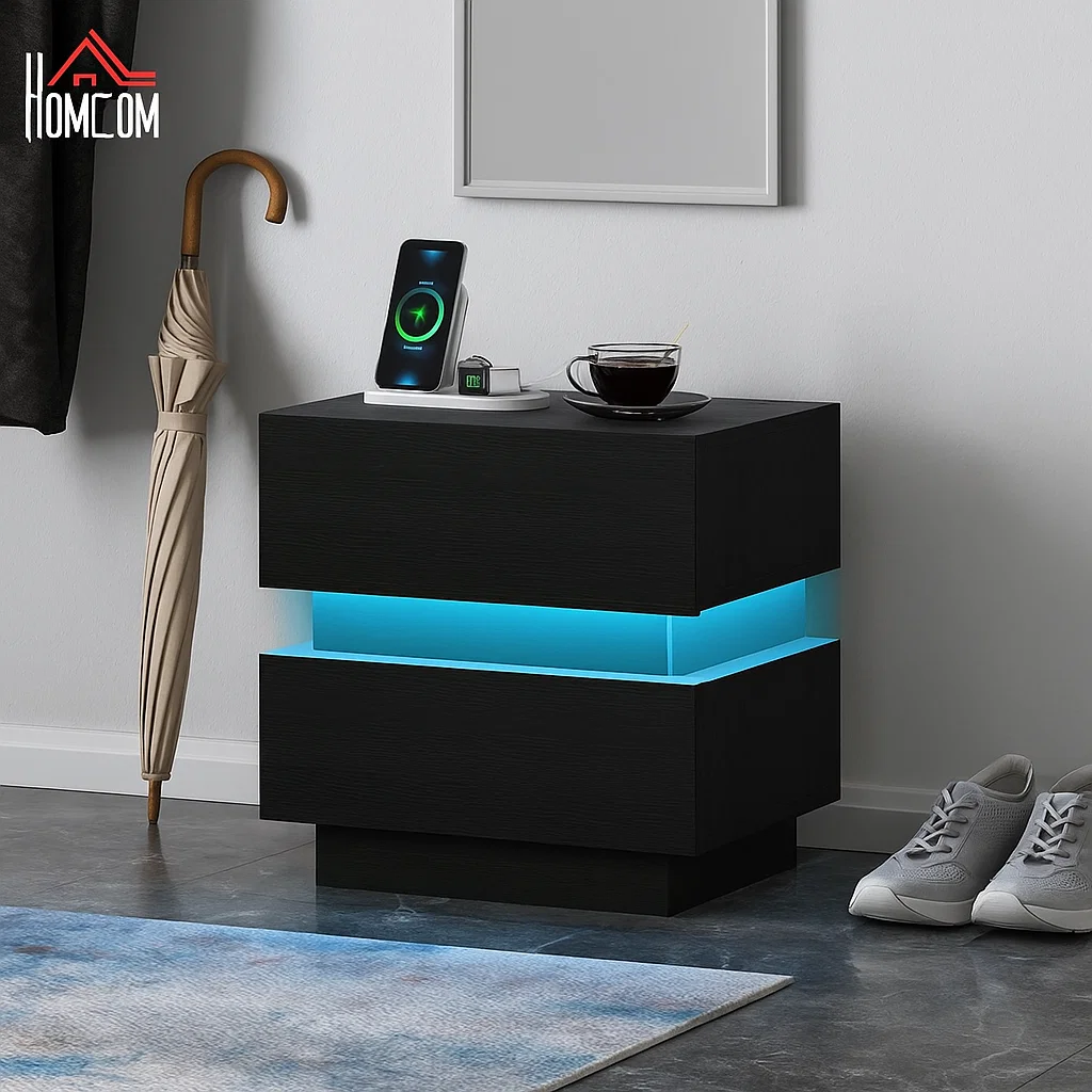 Modern bedside table with wireless phone charging dock, LED light, and storage drawers.