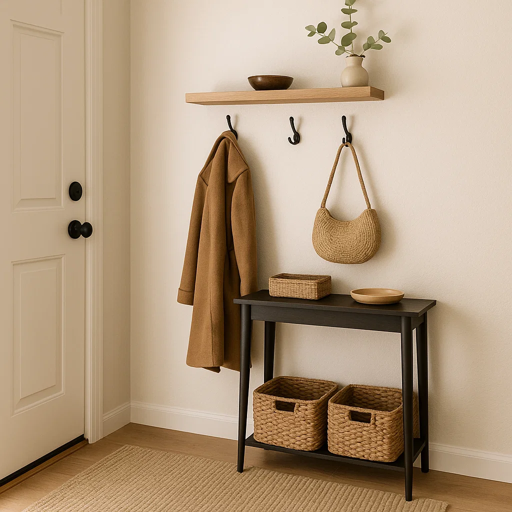 Minimal console table with woven baskets, wall shelf, and coat hooks in compact entryway.