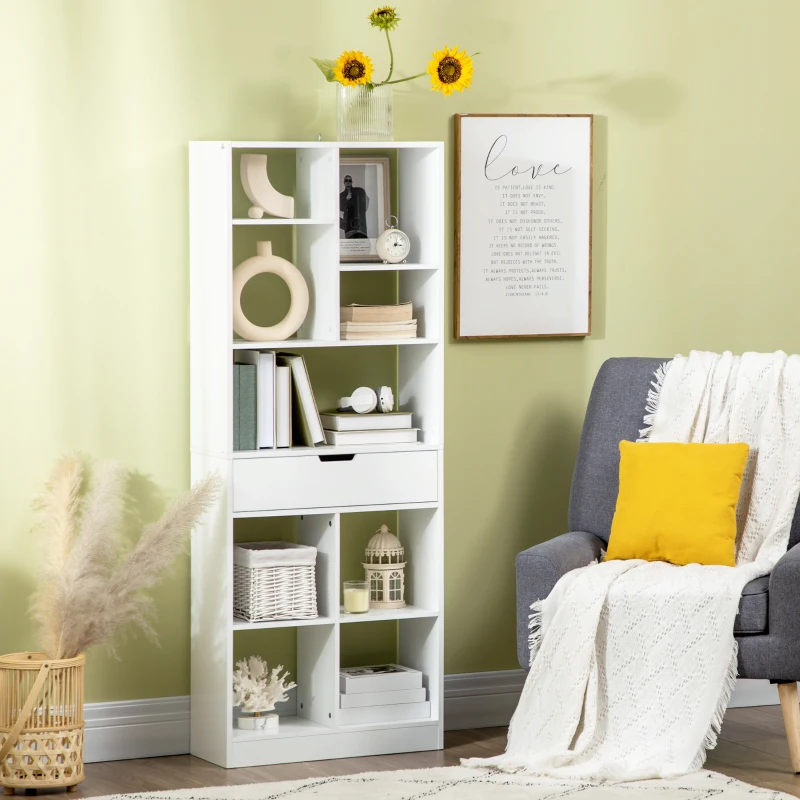  White bookshelf styled with books and home accessories.