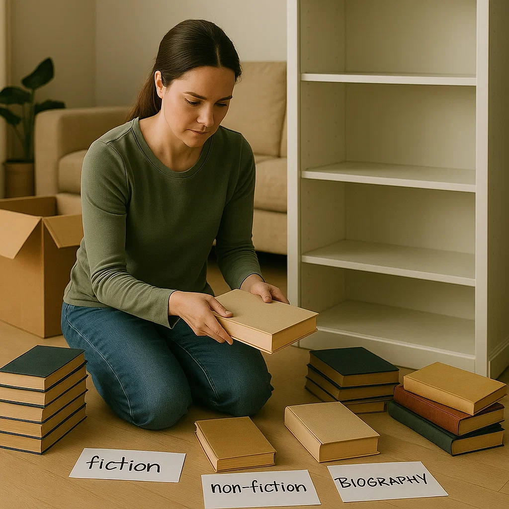 Woman sorting books into fiction, non-fiction, and biography categories.