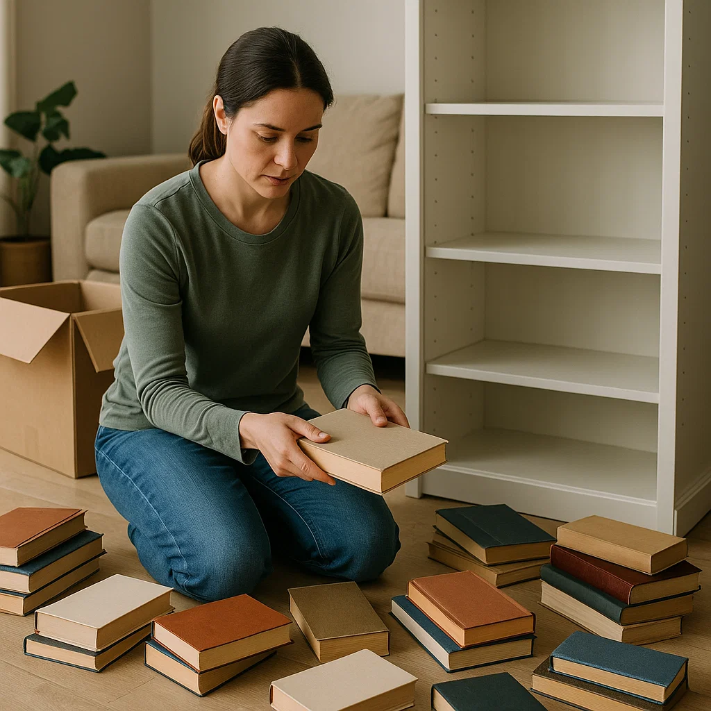 Woman sitting on floor organizing stacks of books.