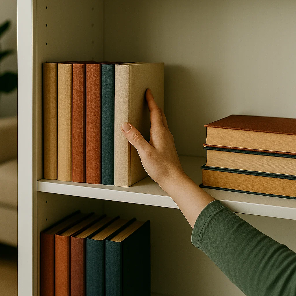  Arranging books upright on a white bookshelf.