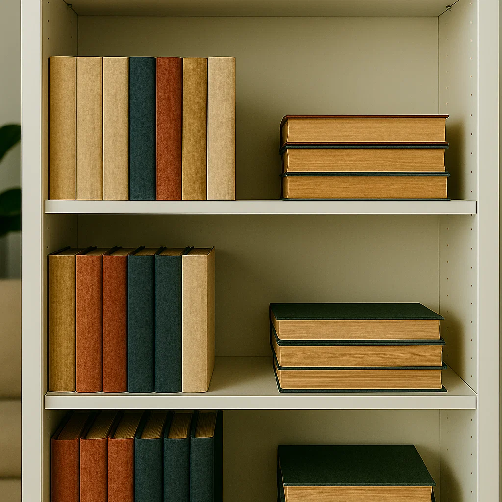 Neatly arranged books stacked vertically and horizontally on shelves.