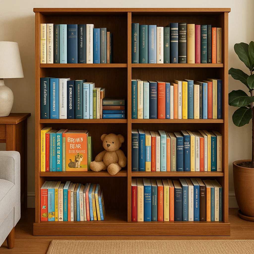 Wooden bookcase filled with colorful books and a teddy bear.