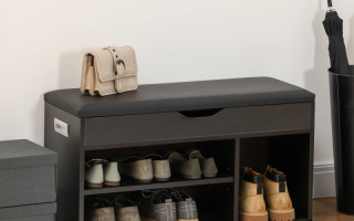 Organized shoe rack with boots, shoes, and accessories.