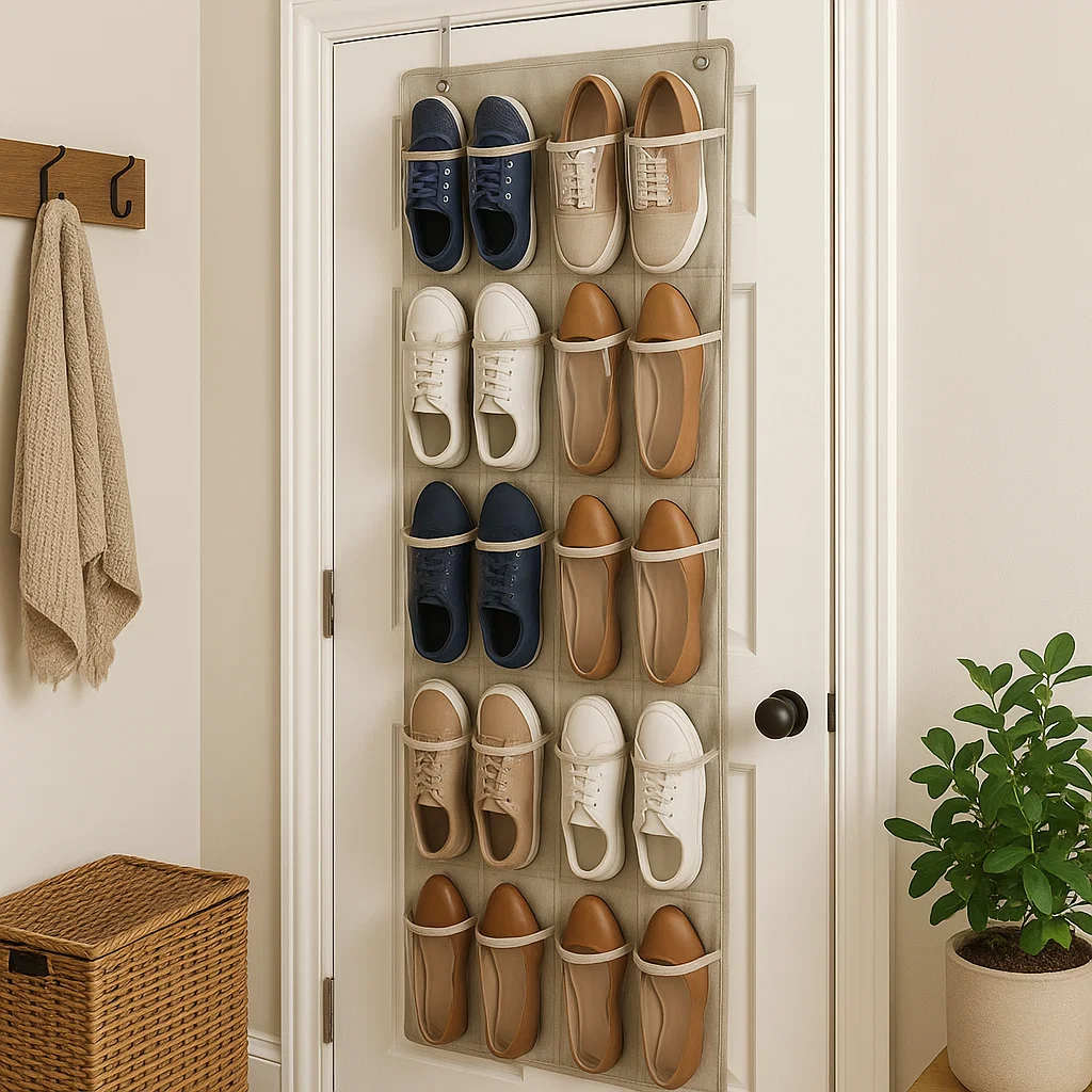 Over-the-door shoe organizer holding multiple pairs.