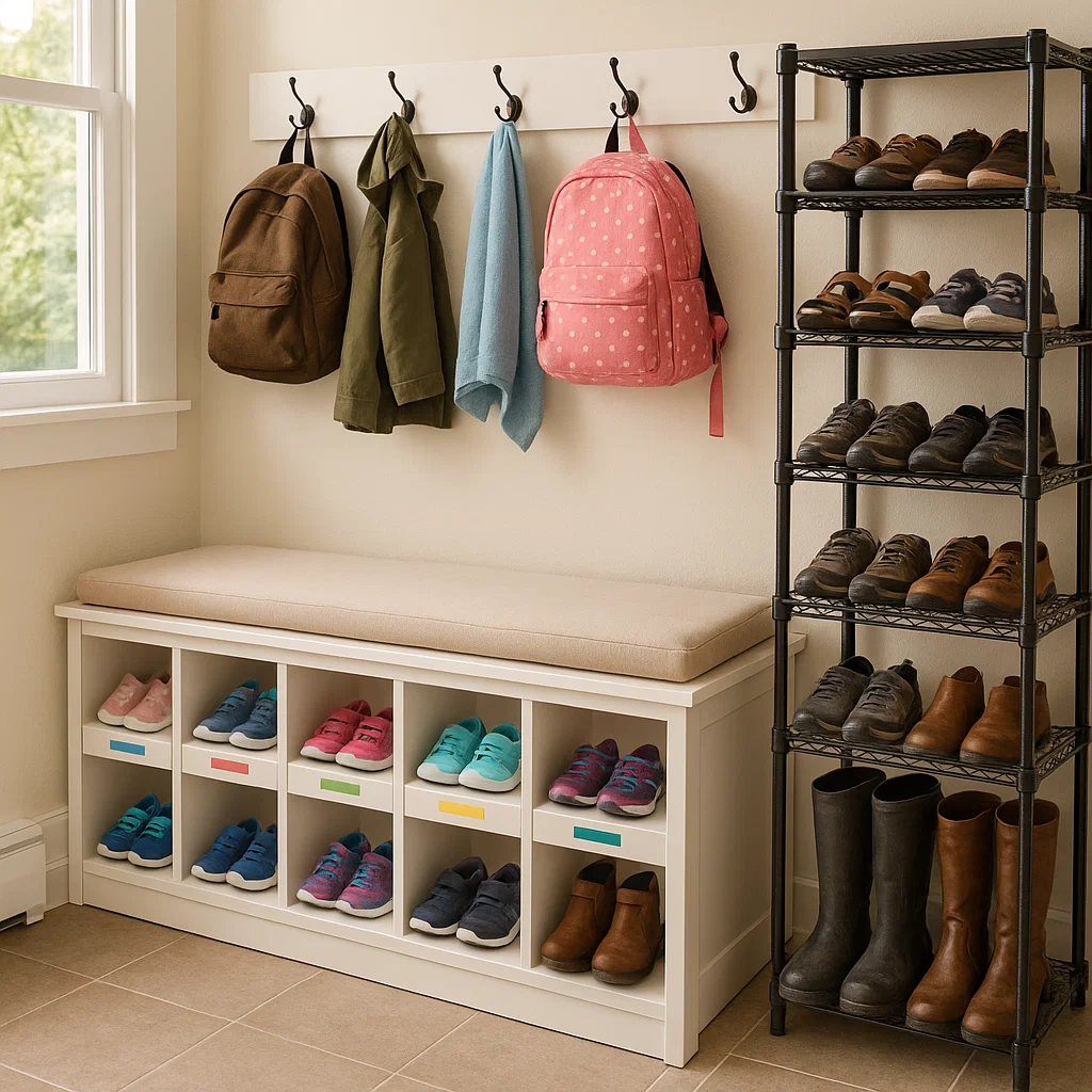 Organized entryway with shoe rack and hooks.