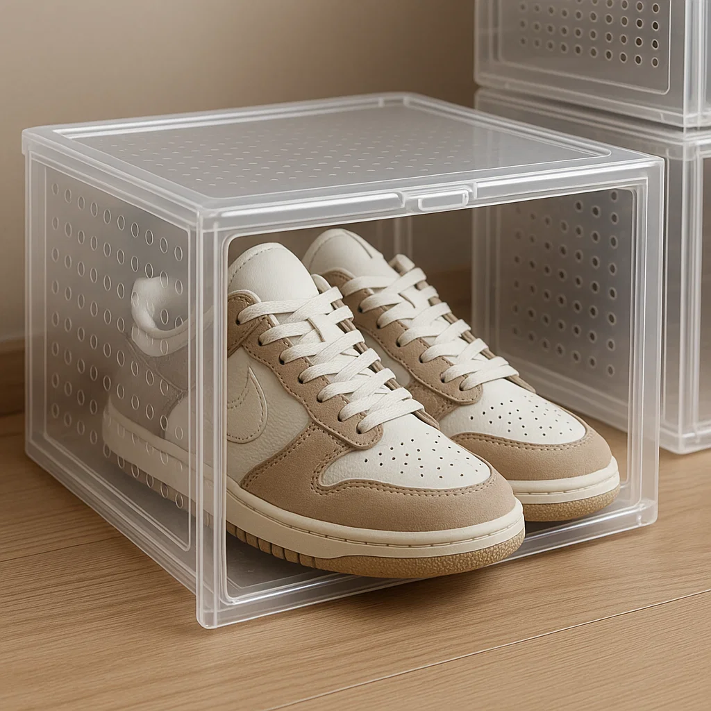 Clear storage containers for organized shoe display.