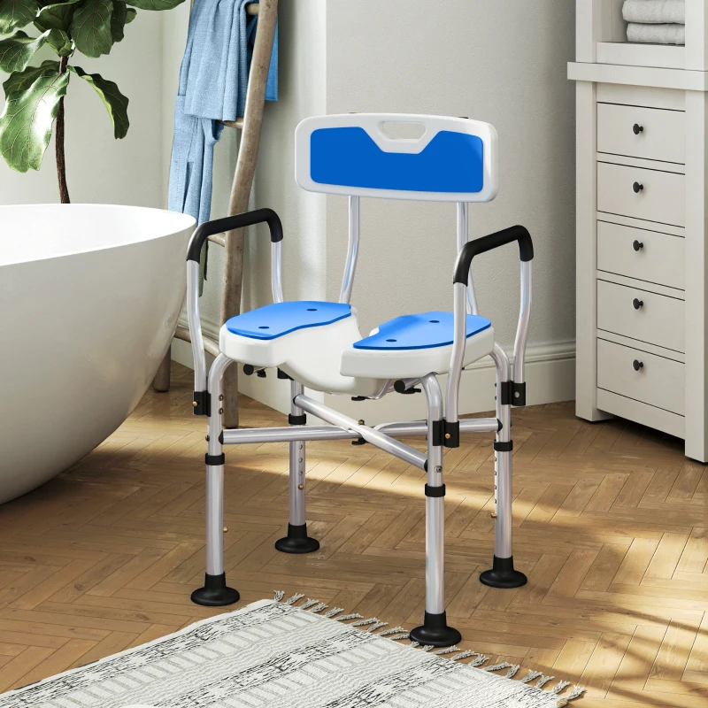 U-shaped shower chair with supportive backrest.