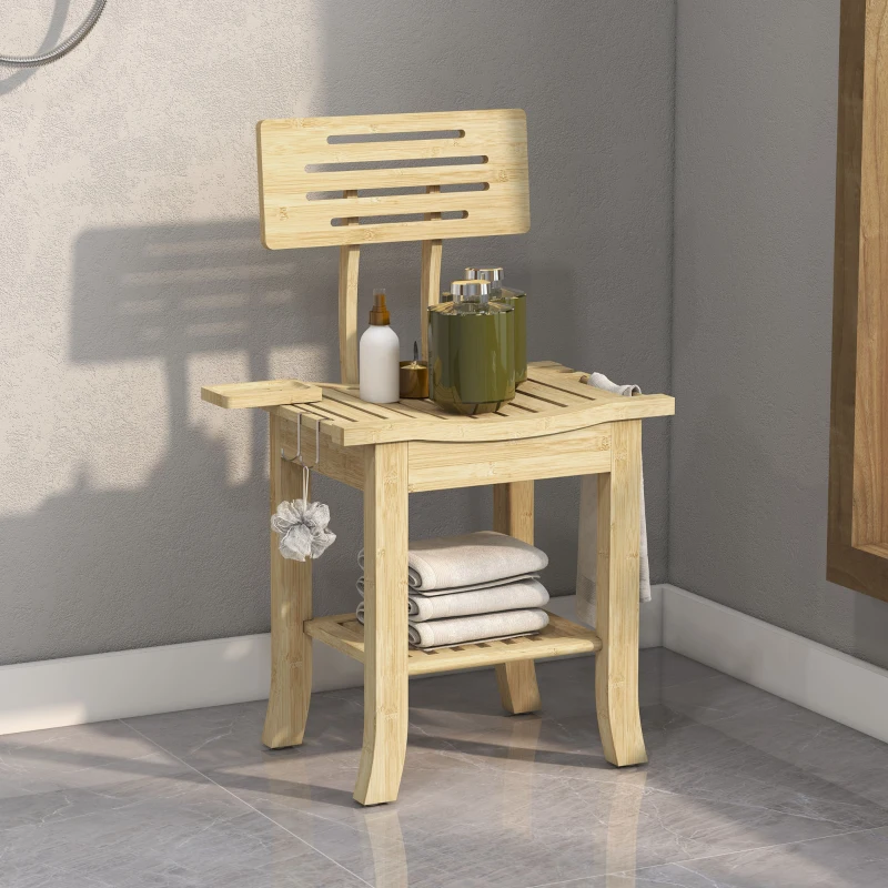 Bamboo shower bench with storage space for towels.