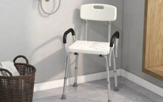Shower chair setup with adjustable height and safety features.