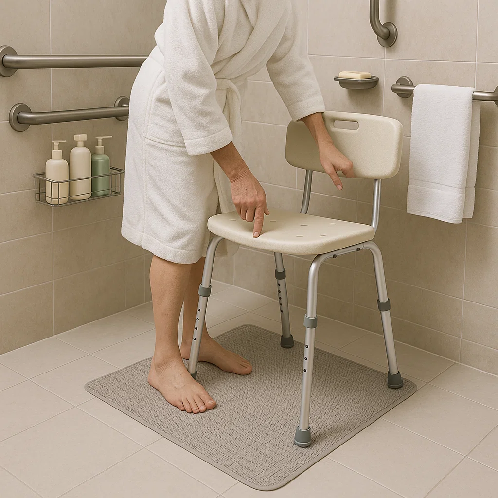 Adjusting shower chair height in a bathroom for comfort.