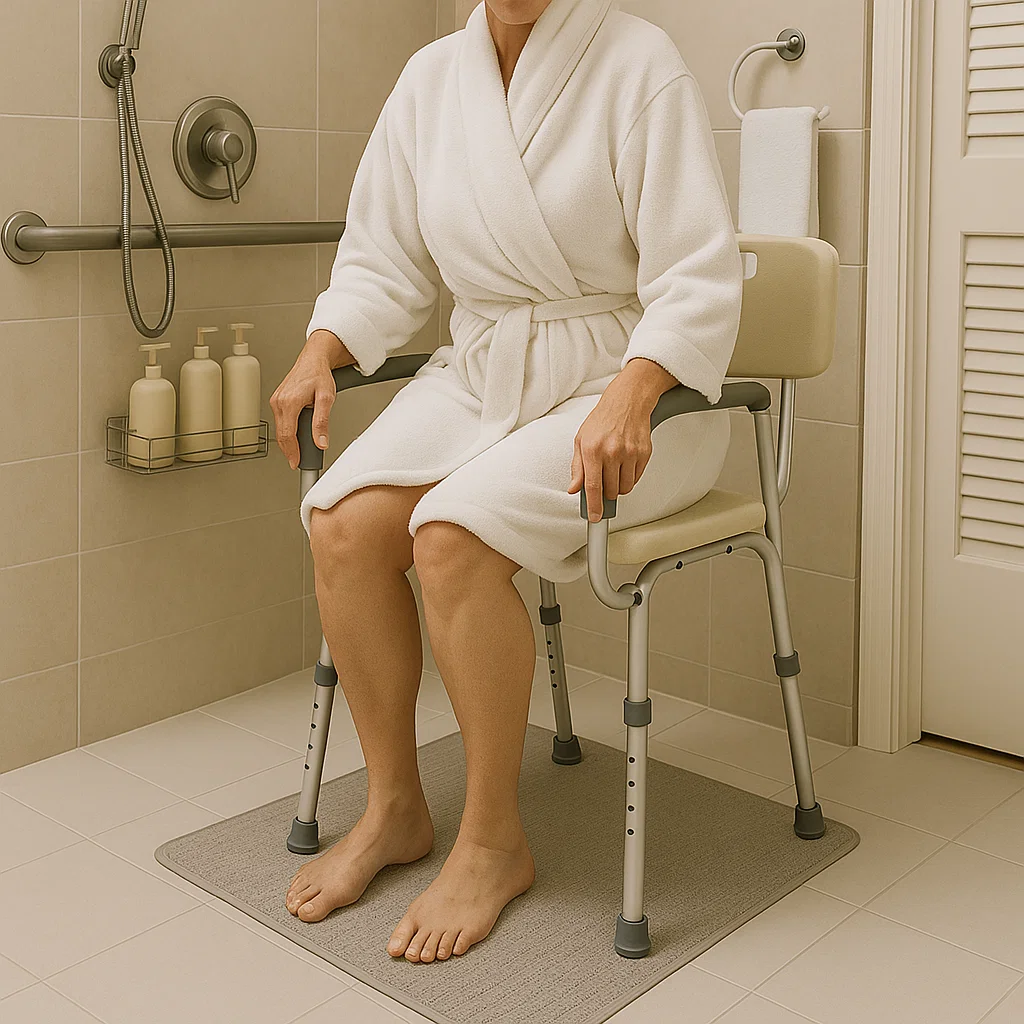 Person sitting on a shower chair in a bathroom.