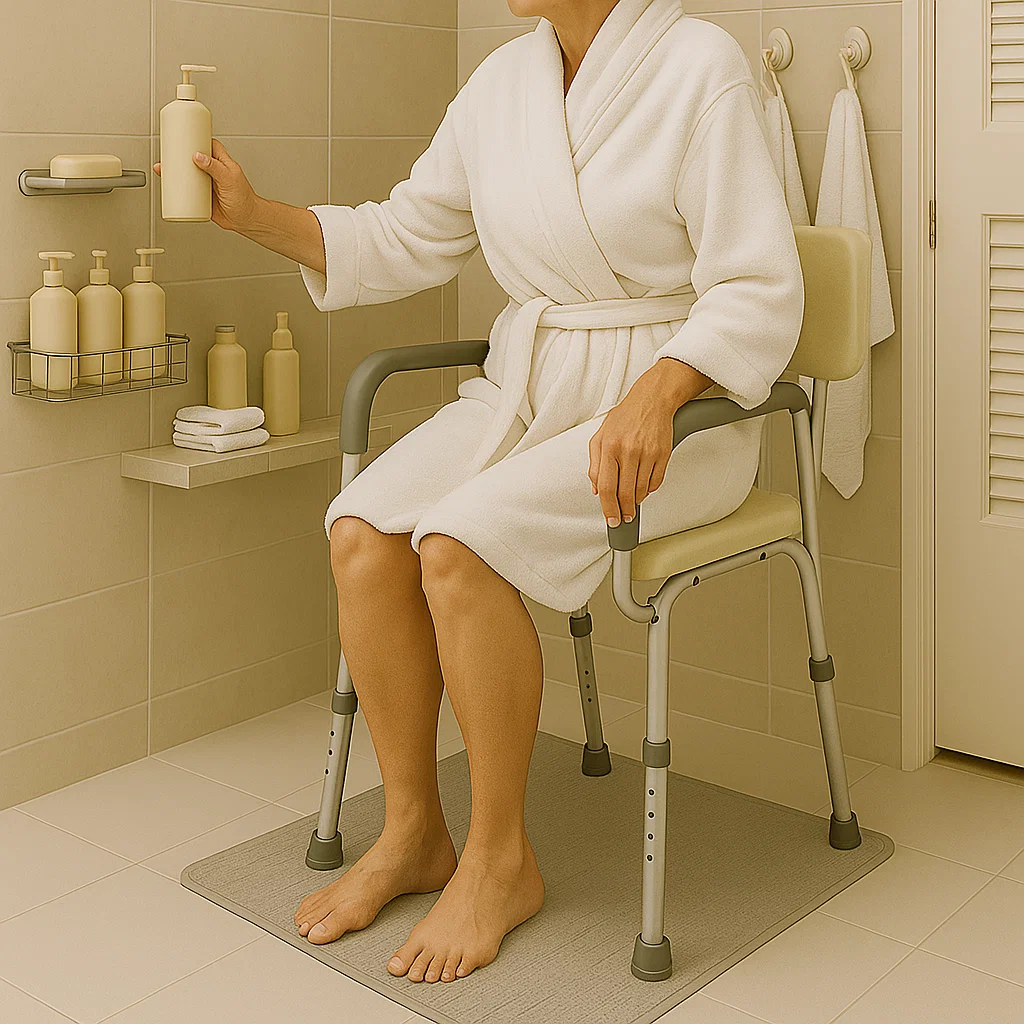 Person using shower chair to reach toiletries in bathroom.