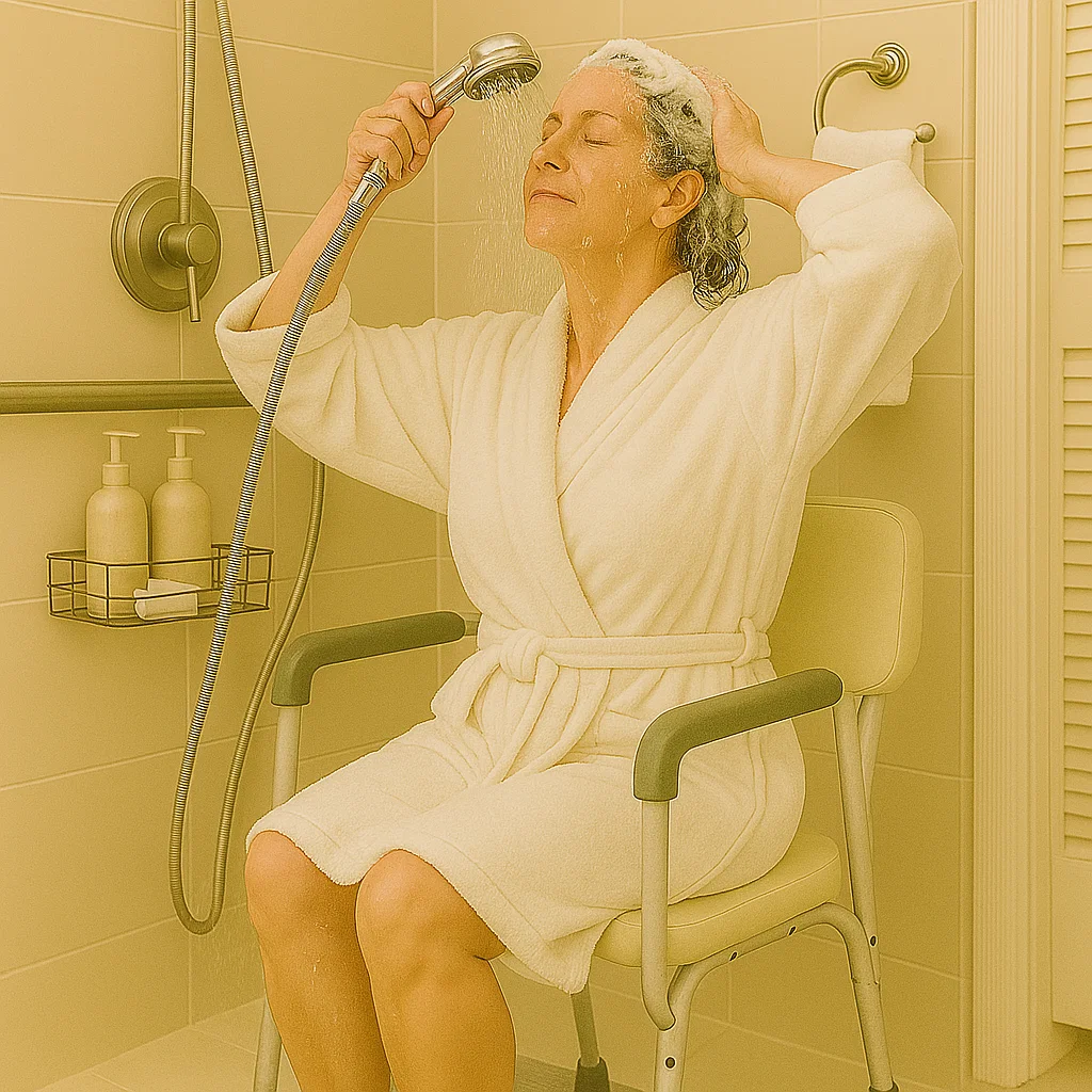 Person seated on a shower chair washing hair with showerhead.