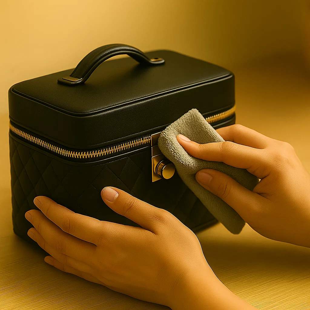 Hands wiping black quilted makeup train case with soft cloth for cleaning.