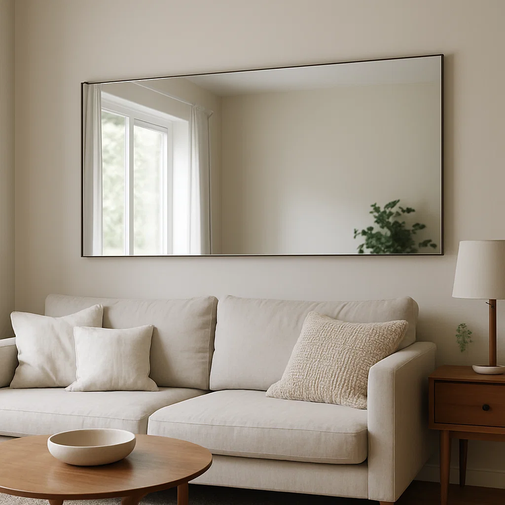 Large mirror in bedroom creating spacious and open feel.