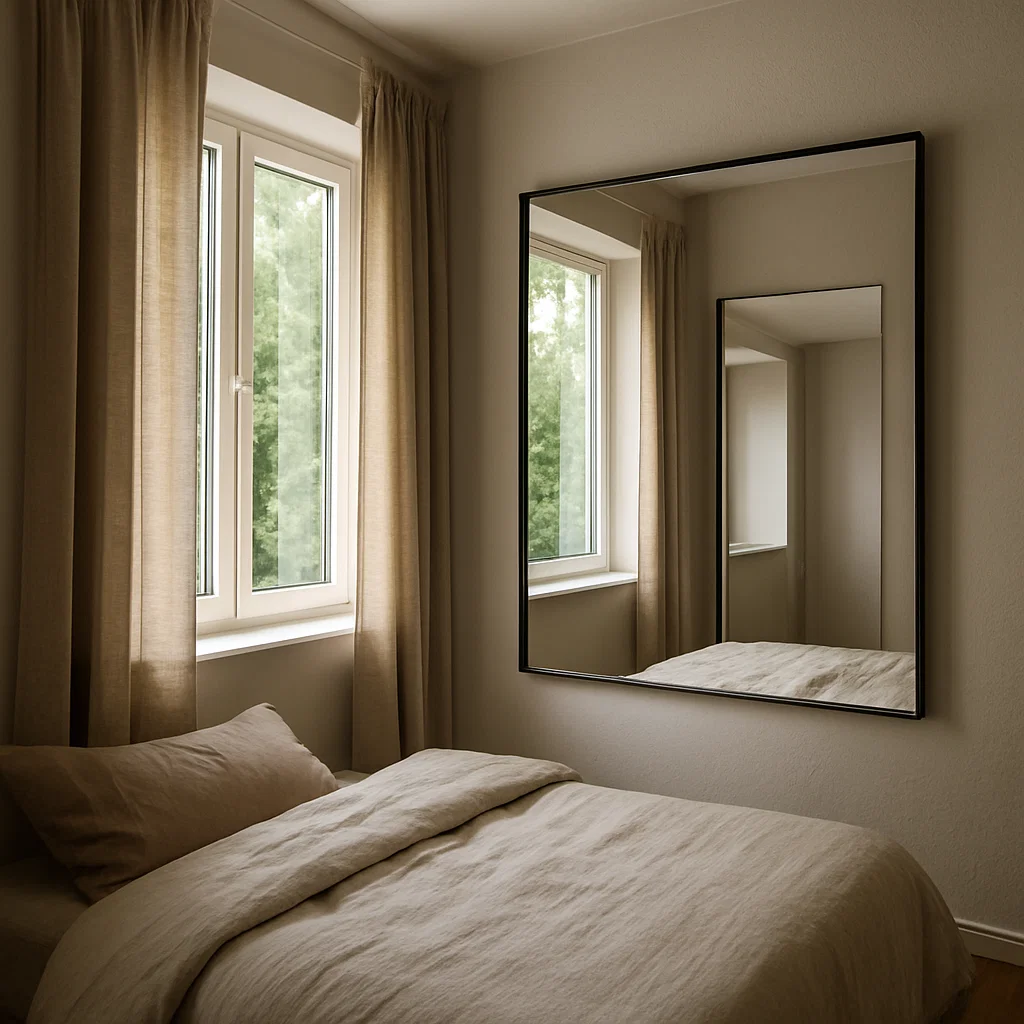 Mirror placed opposite window reflecting natural daylight indoors.