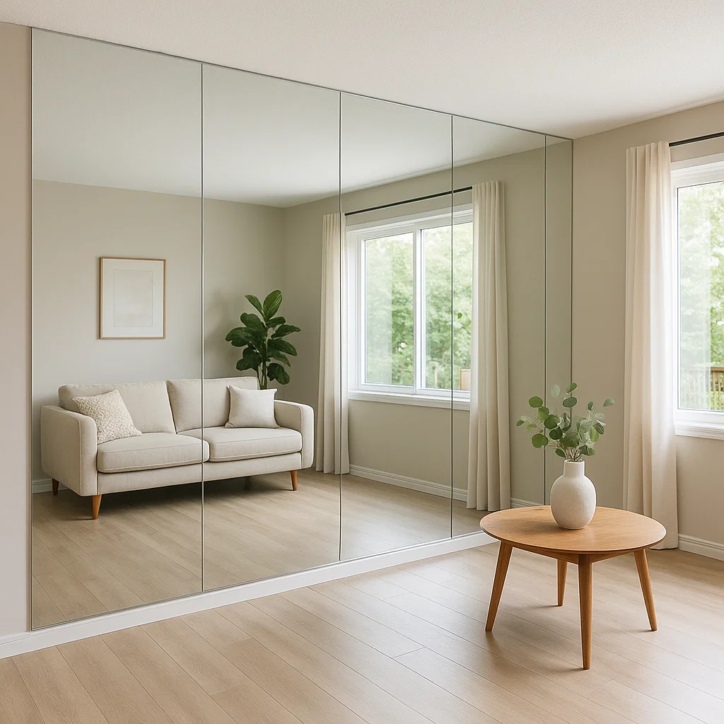 Dining room with full wall mirror enhancing space and light.