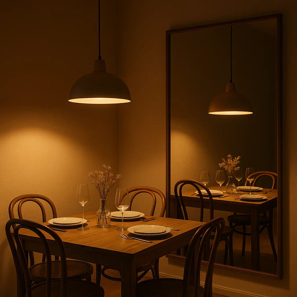 Dining room with mirror reflecting warm light from lamp.