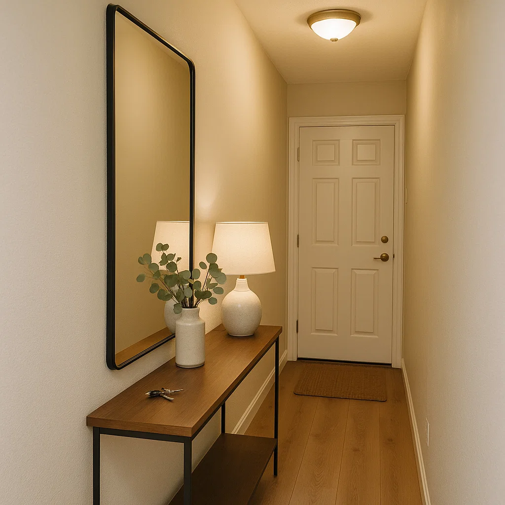 Long mirror in hallway enhancing space and light reflection.