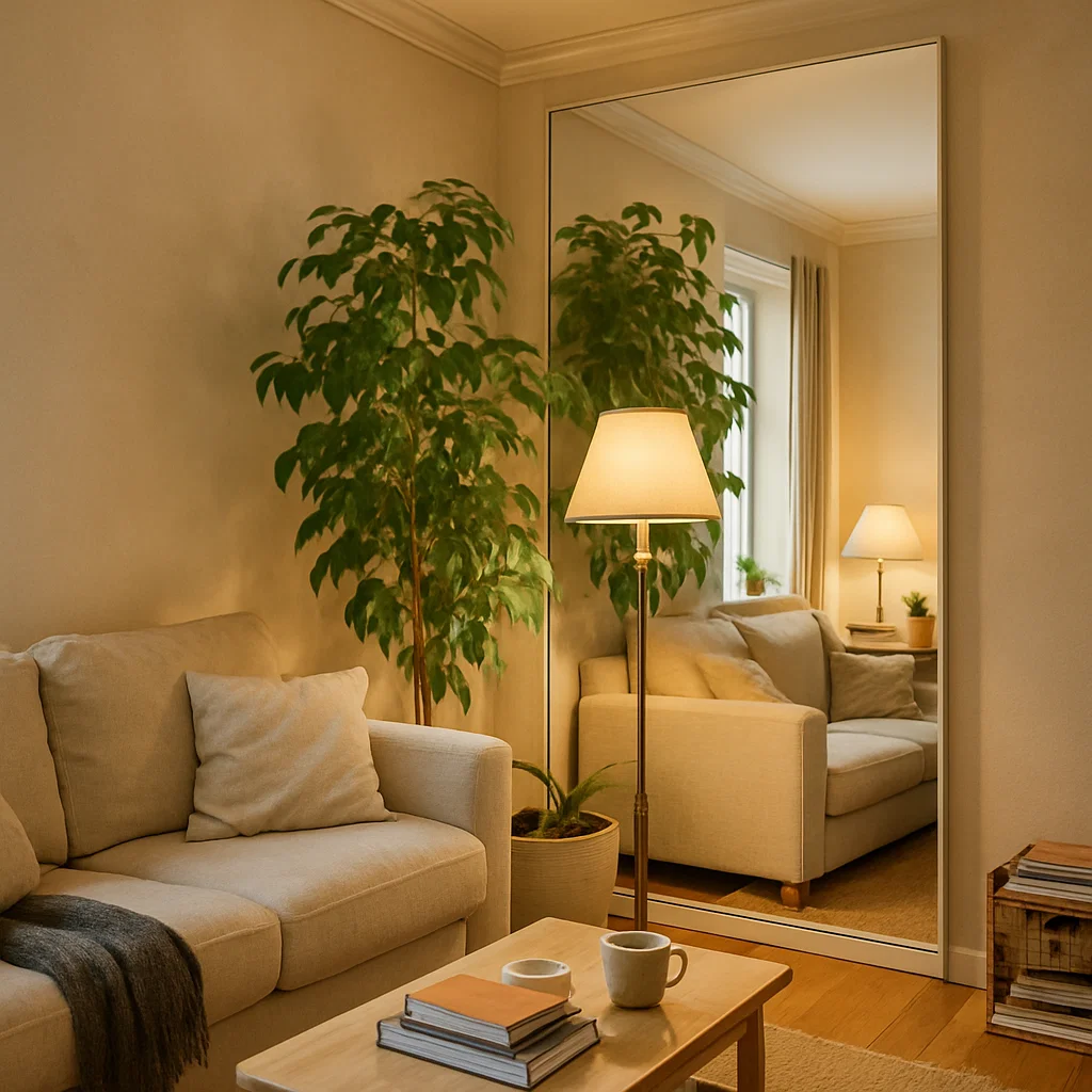 Full-length mirror in living room corner enhancing light.