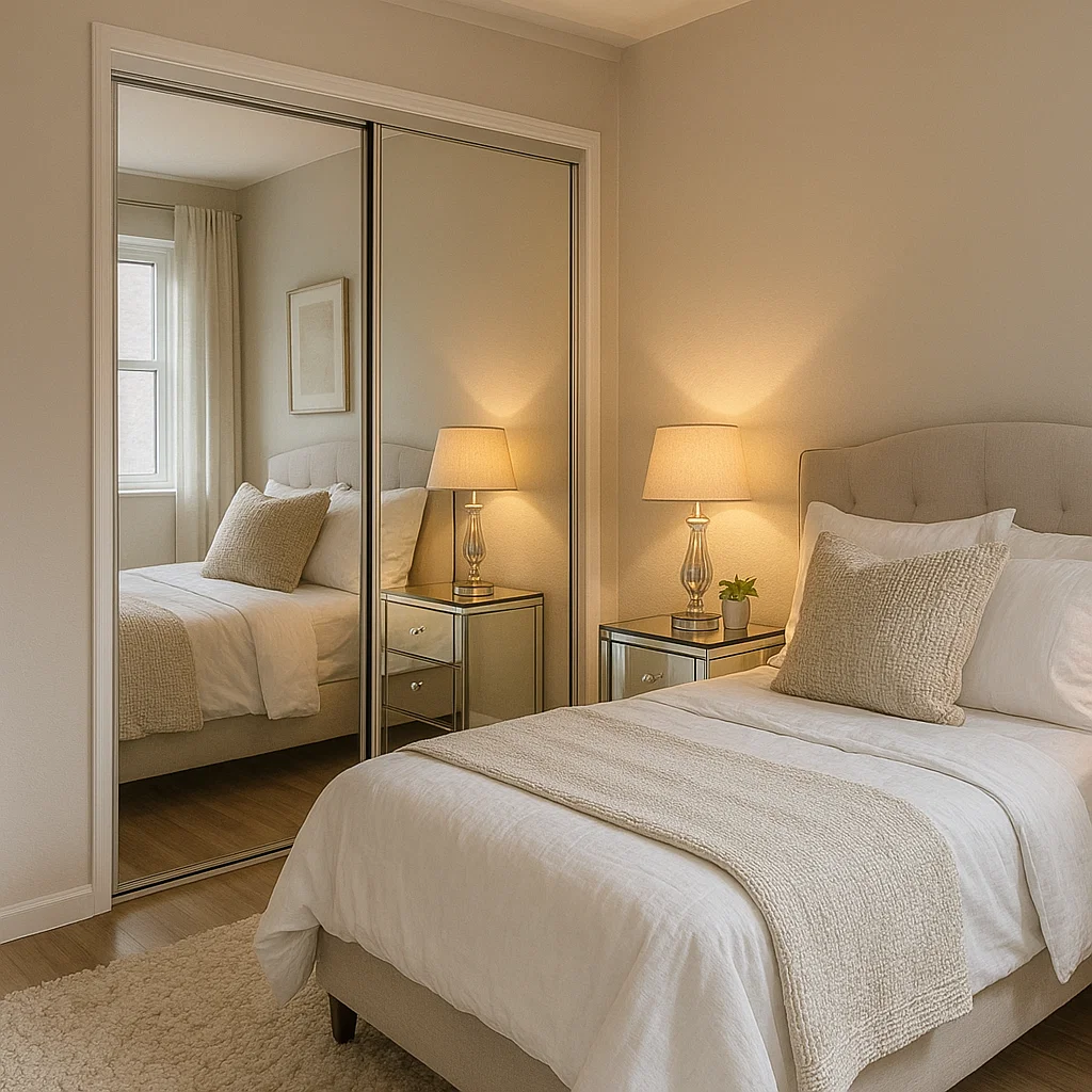 Mirrored furniture and decor in modern living room setting.