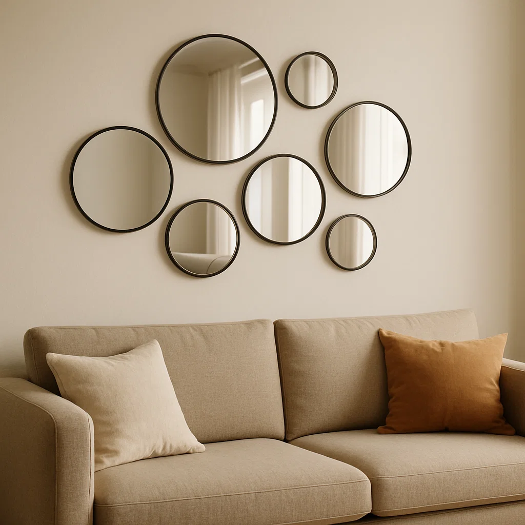 Layered round mirrors above sofa adding style and depth.