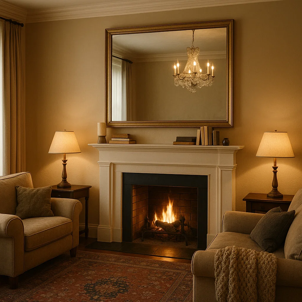 Cozy living room with fireplace and elegant chandelier.