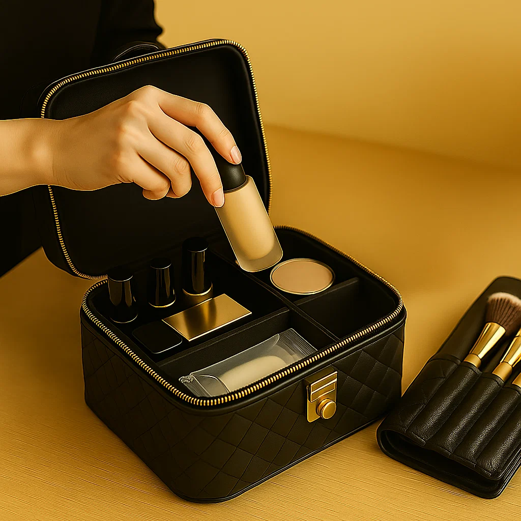 Hand placing foundation bottle into organized makeup train case with brushes beside.