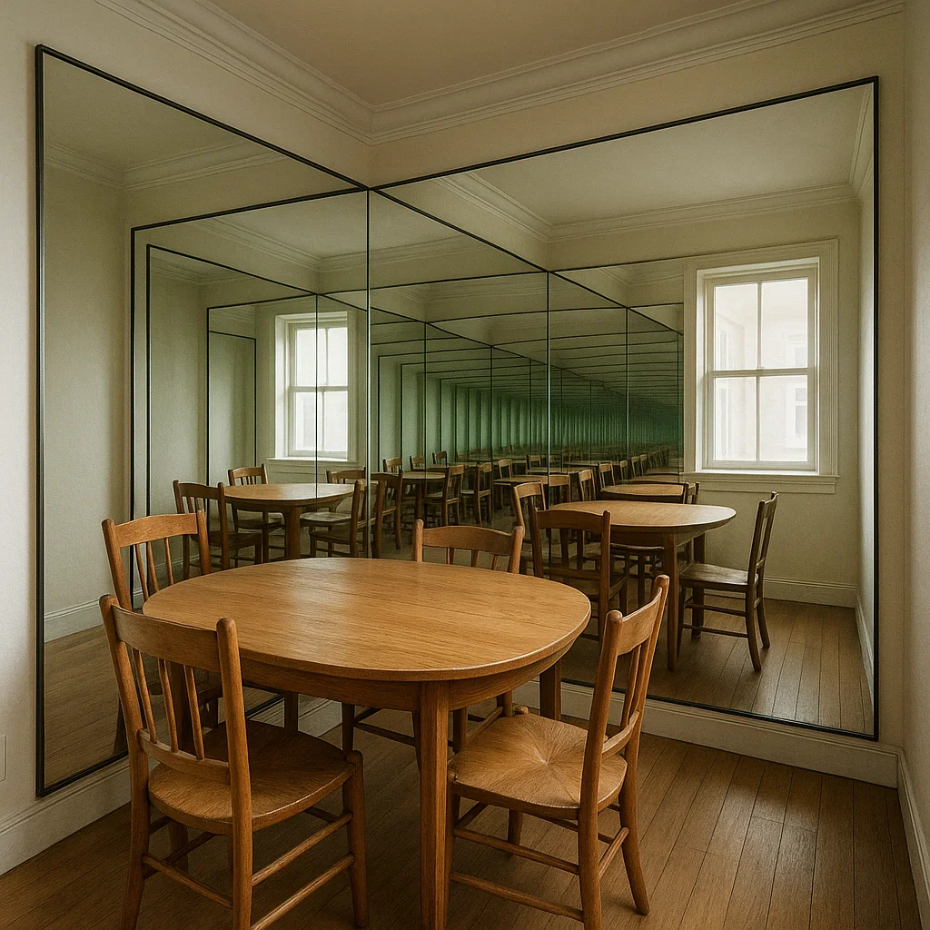 Stylish wall mirrors arranged in creative design above sofa.