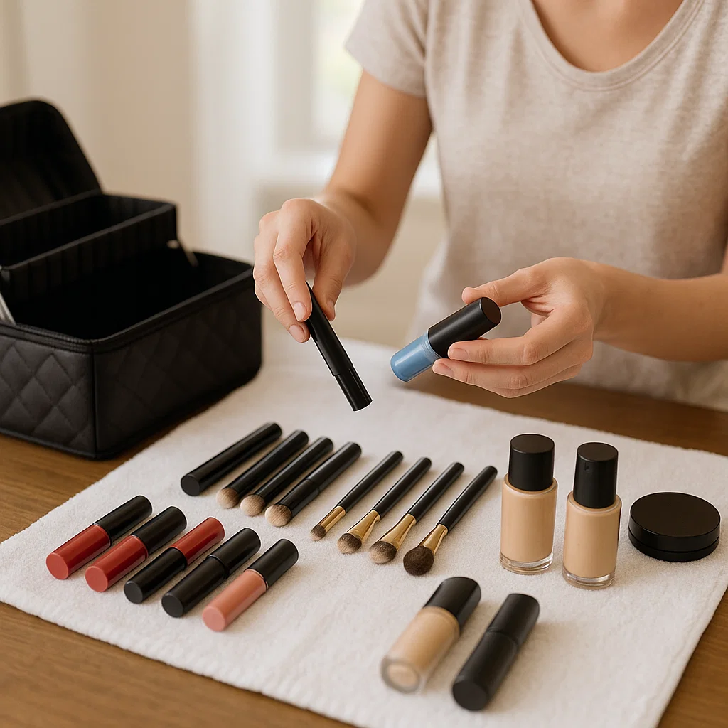 Person sorting lipsticks, brushes, and bottles beside open makeup train case.