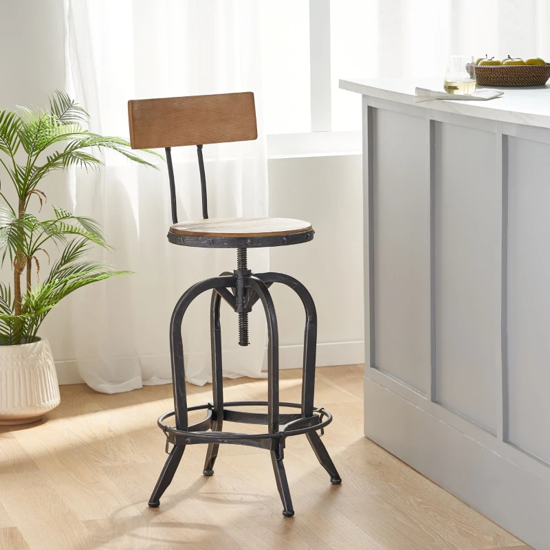 Rustic industrial bar stool with wood seat and iron frame