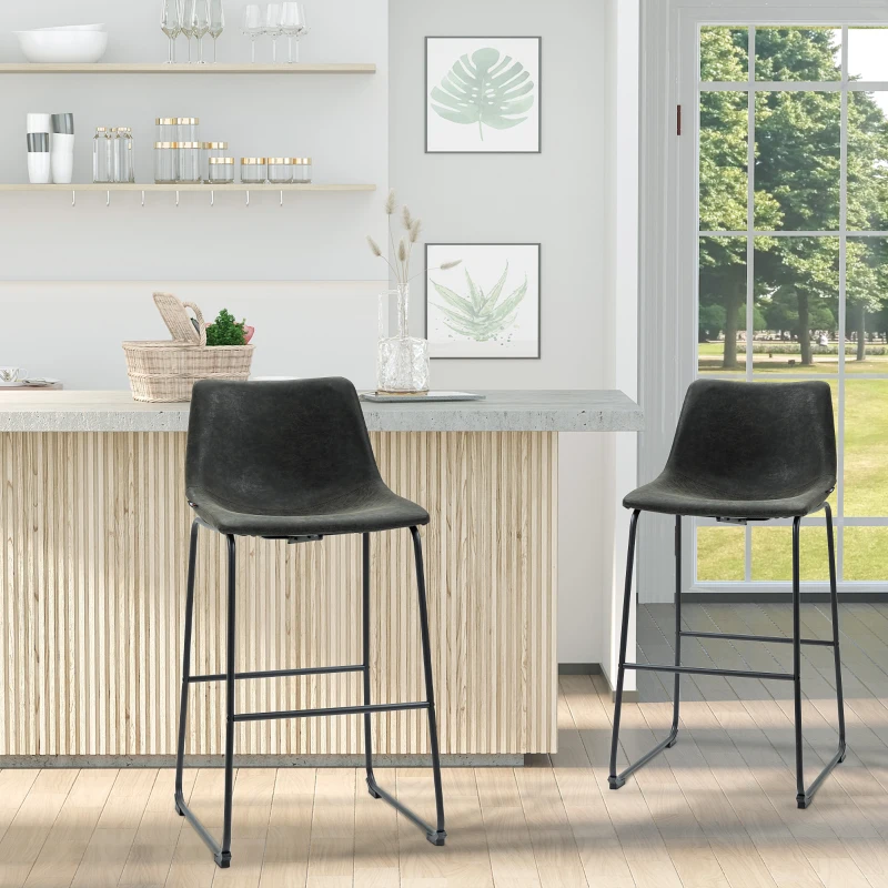 Vintage black PU leather bar stools with slim metal legs