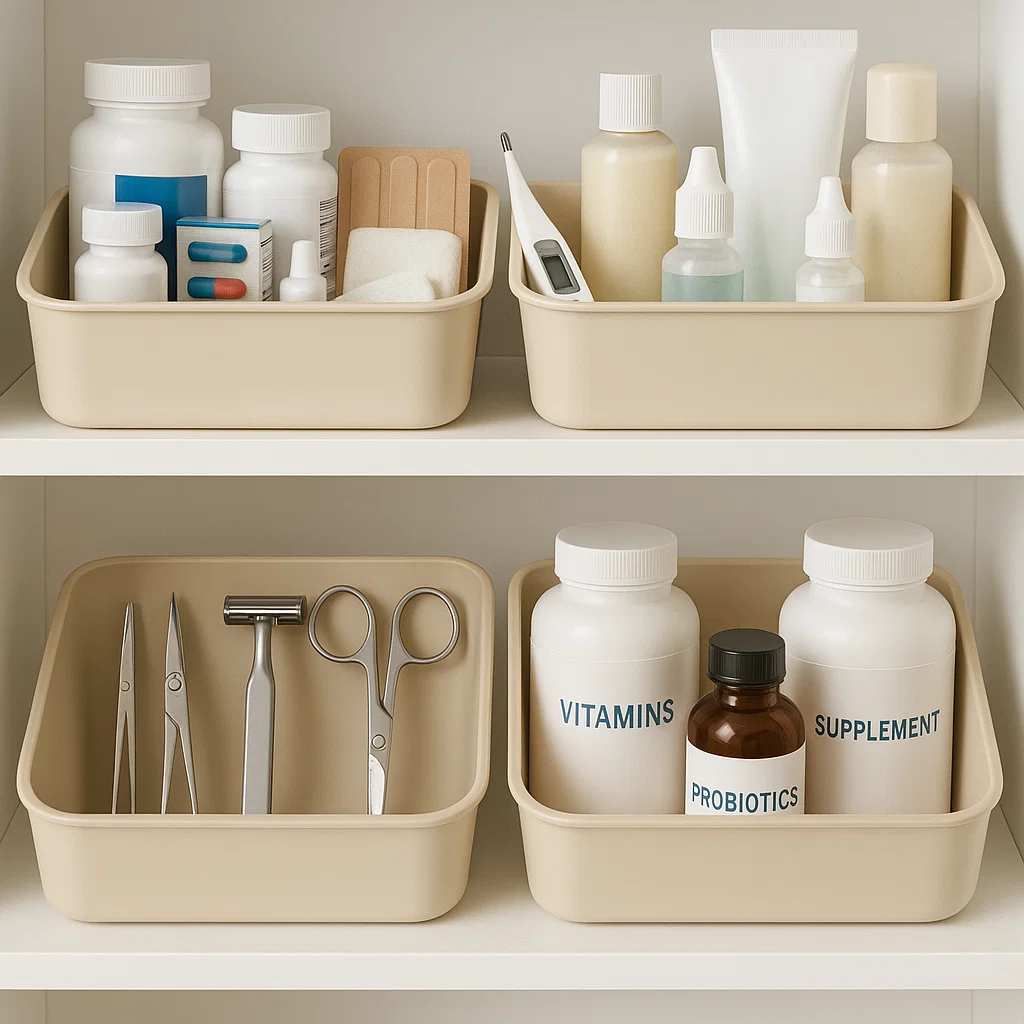 Organized bins separating vitamins, supplements, grooming tools, and first aid items.