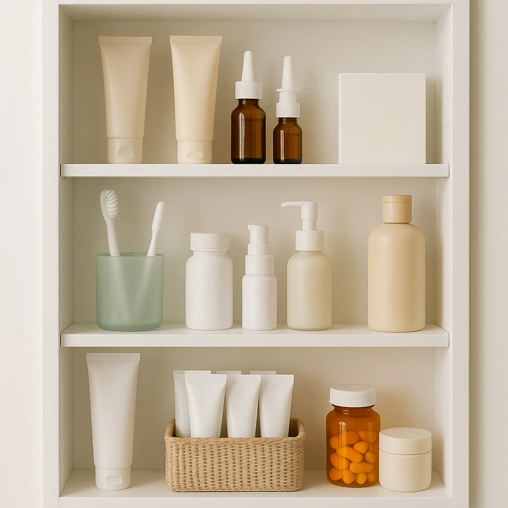 Neatly arranged bathroom cabinet with skincare, medicine bottles, and toothbrushes.