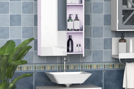Modern bathroom with wall-mounted medicine cabinet and organized shelves.