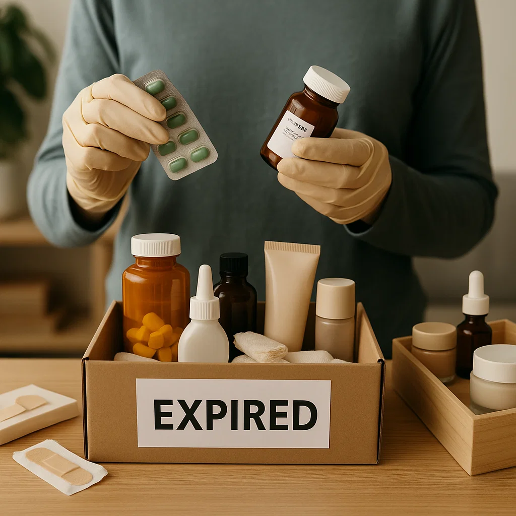 Person sorting expired medicine bottles and pills into disposal box.