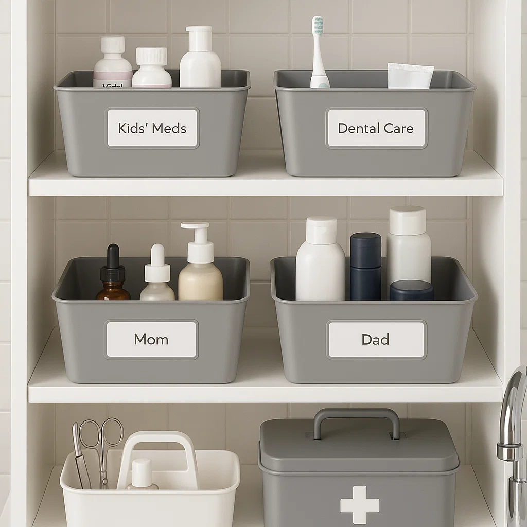 Labeled storage bins for family medicine and dental care supplies.