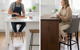 Man seated at counter stool and woman at bar stool