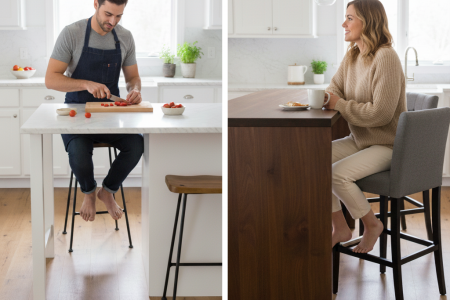 Man seated at counter stool and woman at bar stool