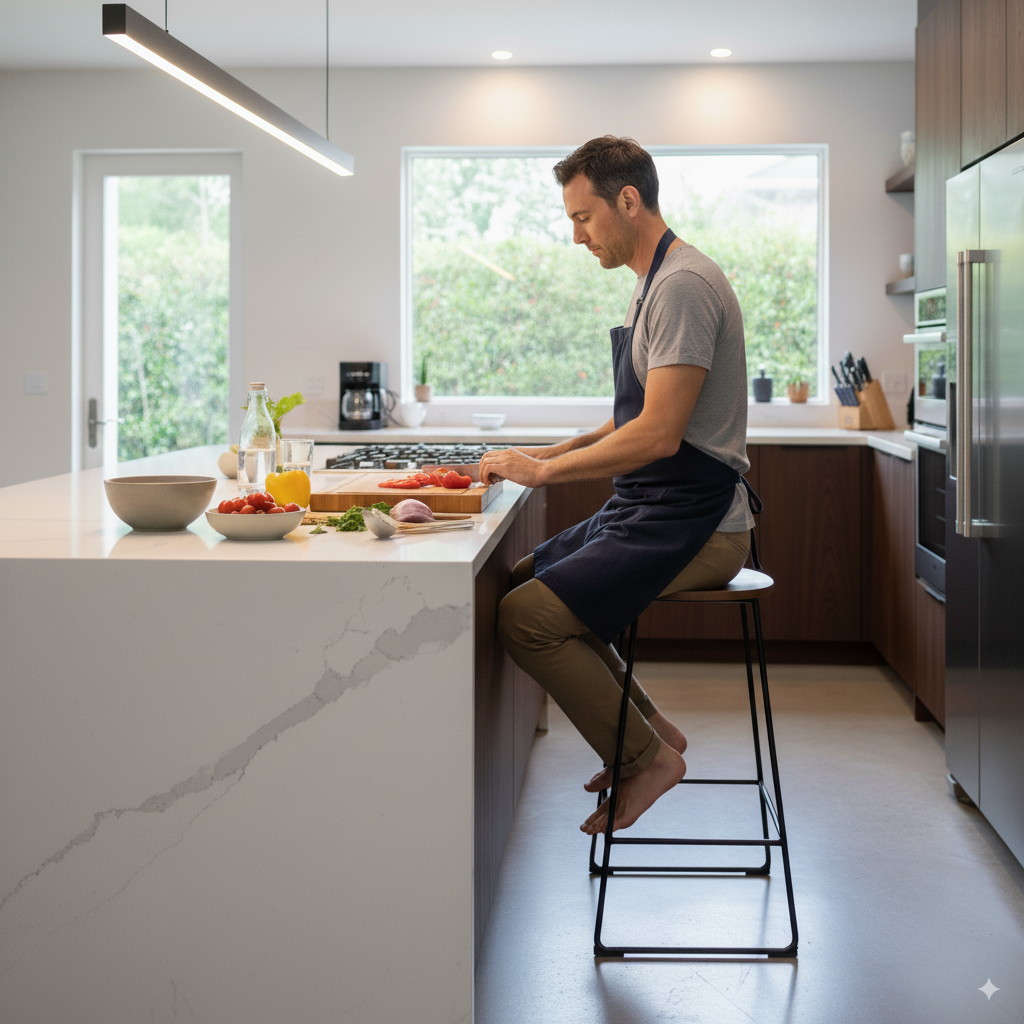 Man preparing food seated on counter height kitchen stool
