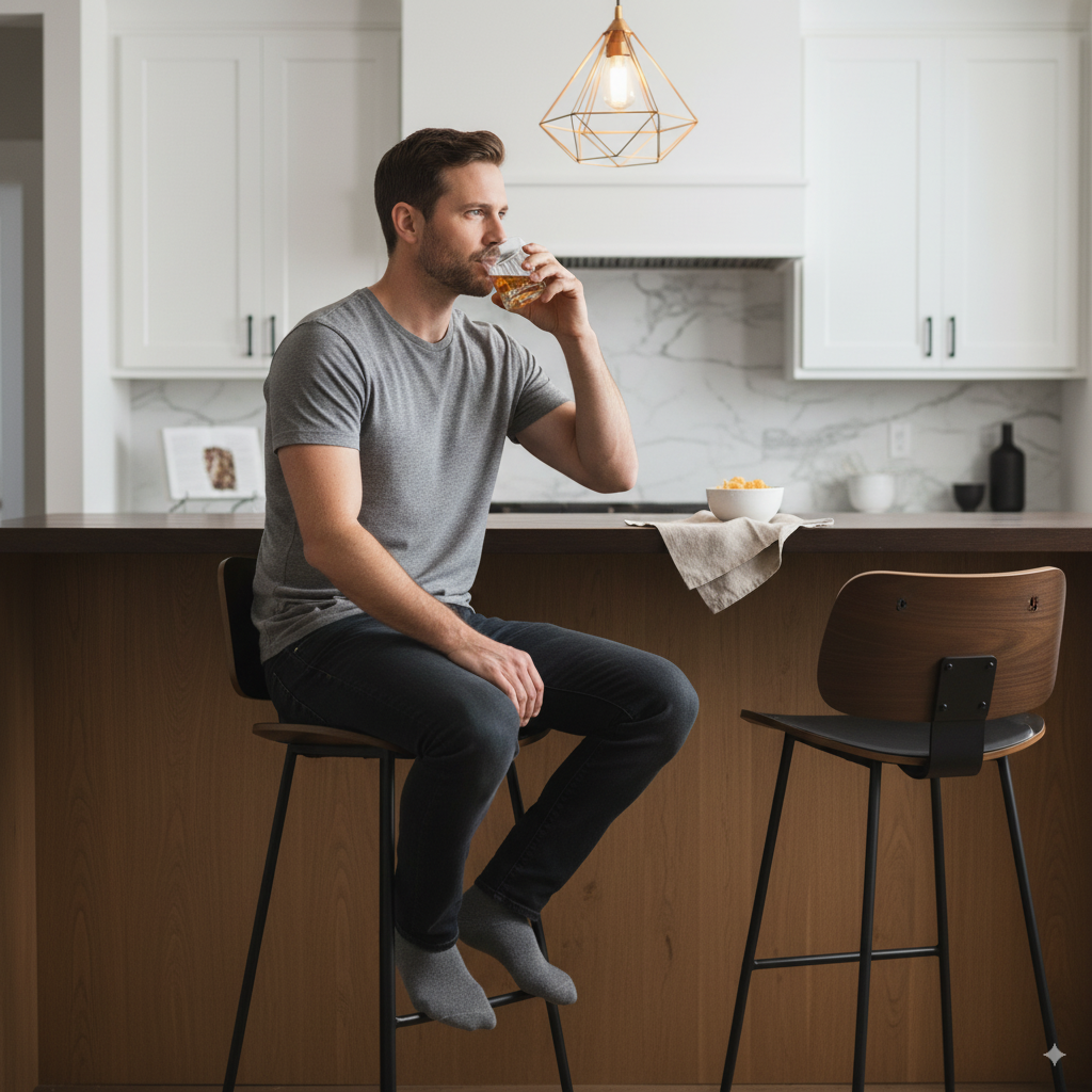 Man drinking at kitchen island on wooden bar stool