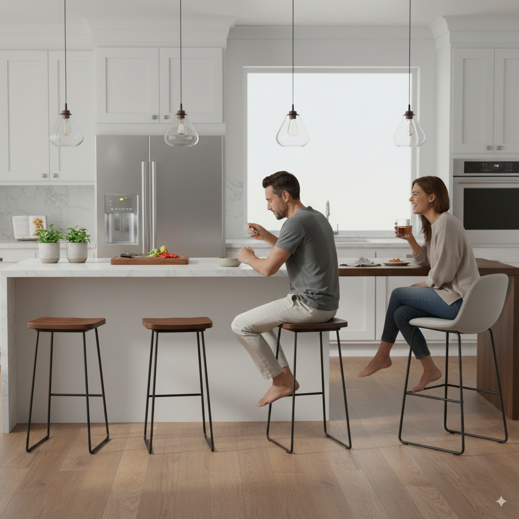 Kitchen island with mixed stool heights for versatile seating